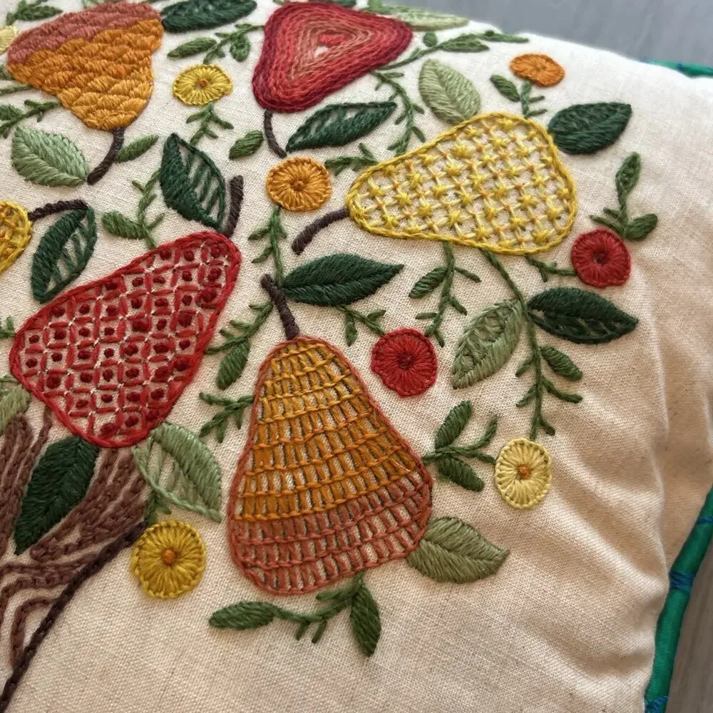 Vtg Pear Tree Crewel Needlepoint Fruit Tree Pillow 13”x13” Country Cottage